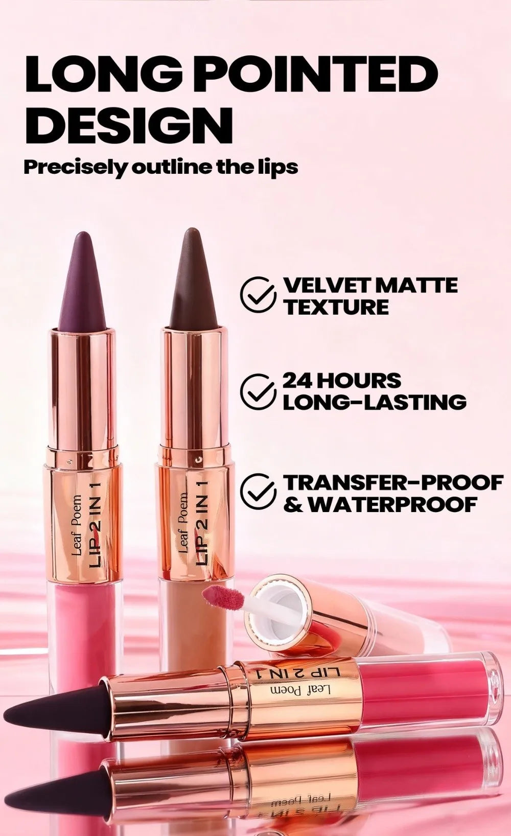 Delineador de Labios 2 en 1 de Doble Punta, Acabado Mate, Antiadherente, Resistente al Agua, Punta Cónica, Delineador de Labios de Larga Duración con Efecto Degradado