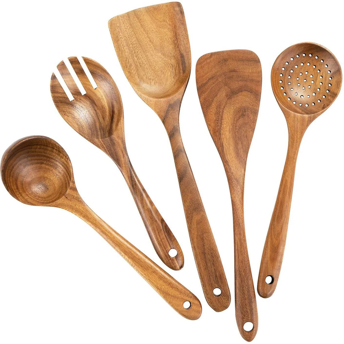 Utensilios de cocina de madera, juego de cuchara y espátula para el hogar, cuchara para ensalada, tenedor, cuchara agitadora, juego de cocina para hornear con cubo de almacenamiento