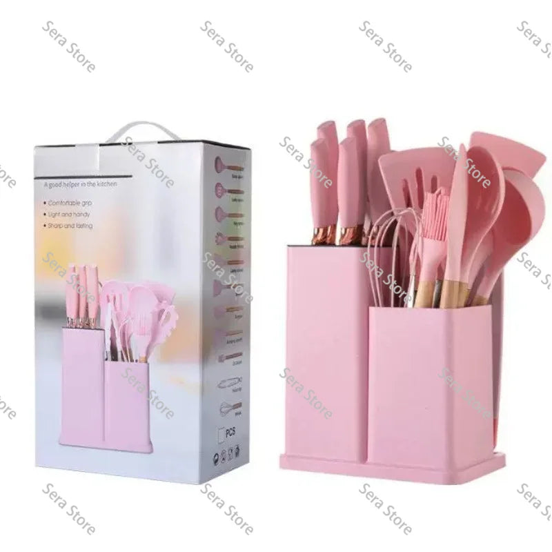 Juego de Utensilios de Cocina de Silicona de 19 Piezas, Sartén Antiadherente, Espátula para Cocinar con Cubo de Almacenamiento, Juego Combinado de Cuchillos