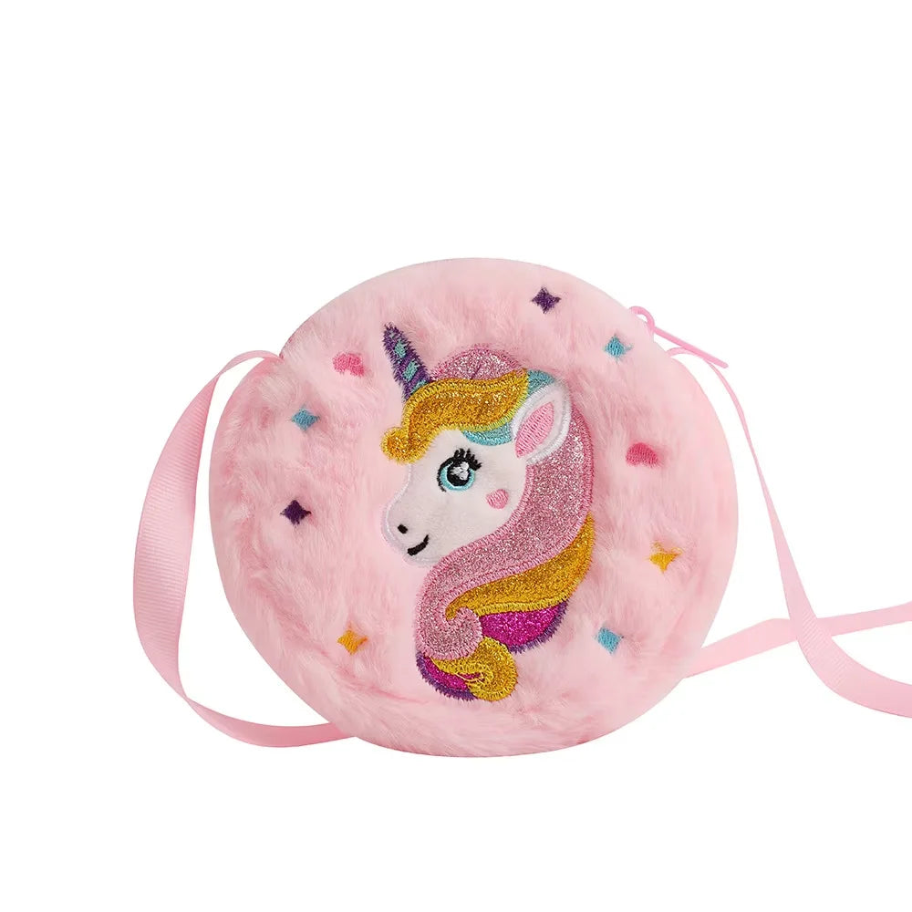 Bolso cruzado de unicornio de dibujos animados para niños, bolso de hombro de felpa bonito, Mochila pequeña para niñas, adecuado para regalos de vacaciones escolares, 2 uds.