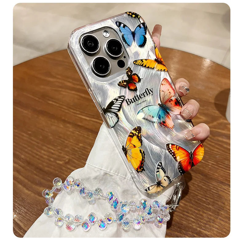 Funda de teléfono de arena con plumas graduales plateadas y mariposas de lujo para iPhone 16 15 14 13 12 11 Pro Max X XR 7 8 Plus, funda con cordón
