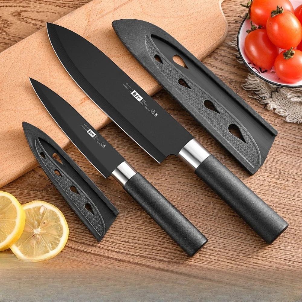 Juego de cuchillos de cocina con soporte para cuchillos, juego de cuchillos de acero negro de alta calidad, cuchillo de regalo, utensilios de cocina de acero inoxidable para el hogar, 6 uds.