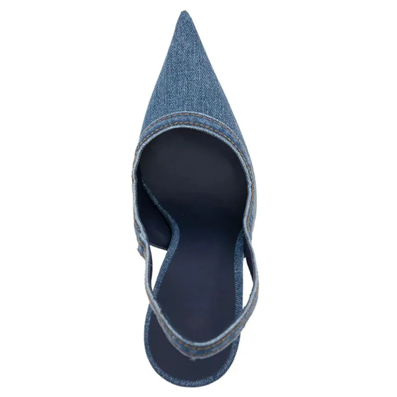 Zapatos de tacón alto de mezclilla para mujer, zapatos de tacón de Metal ajustados con correas en el tobillo, sandalias de tacón de Metal con punta puntiaguda para fiesta de banquete de talla grande