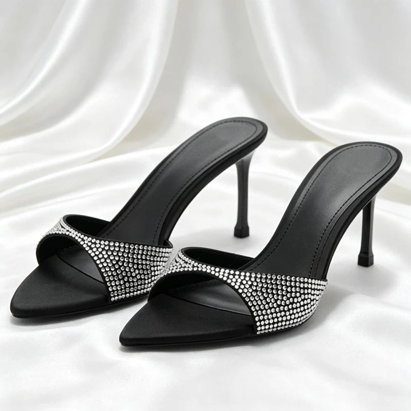 Zapatillas de tacón fino de lujo con diamantes de imitación brillantes para mujer, sandalias de marca con punta abierta, tacones sexis de diseñador para exteriores para mujer 2026