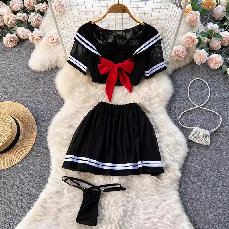 CHILLGIO-Conjunto de pijama con falda de malla transparente para mujer, ropa de dormir, lencería erótica de moda, estilo Preppy japonés