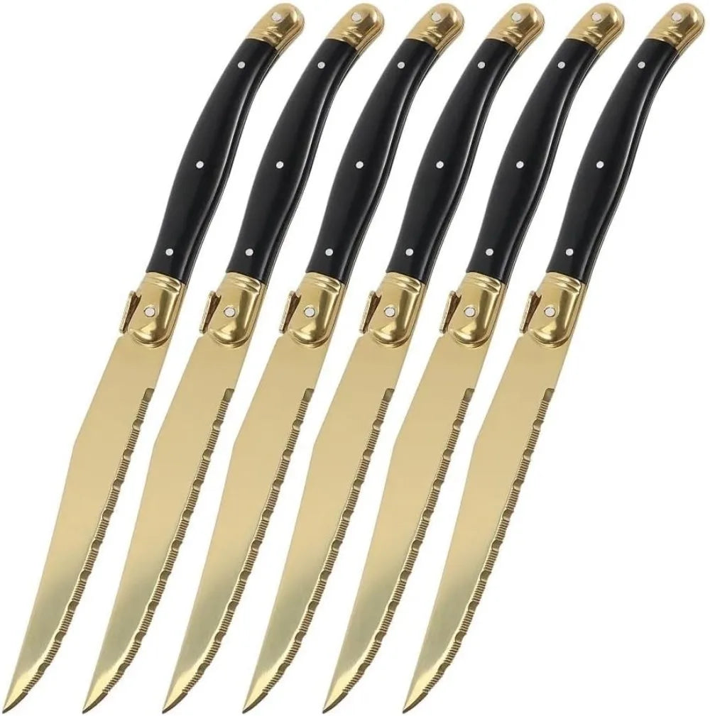 Cuchillos para Carne, Recubiertos de Titanio Dorado, Acero Inoxidable Serrado, Mango Negro, Cuchillo de Cena Estilo Occidental para Cocina, Restaurante y Vajilla