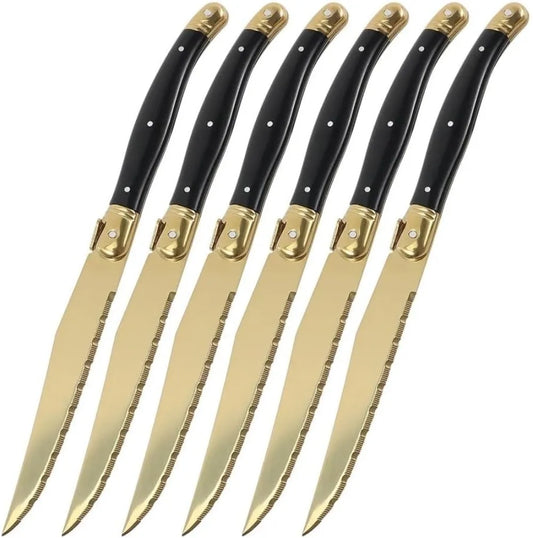 Cuchillos para Carne, Recubiertos de Titanio Dorado, Acero Inoxidable Serrado, Mango Negro, Cuchillo de Cena Estilo Occidental para Cocina, Restaurante y Vajilla