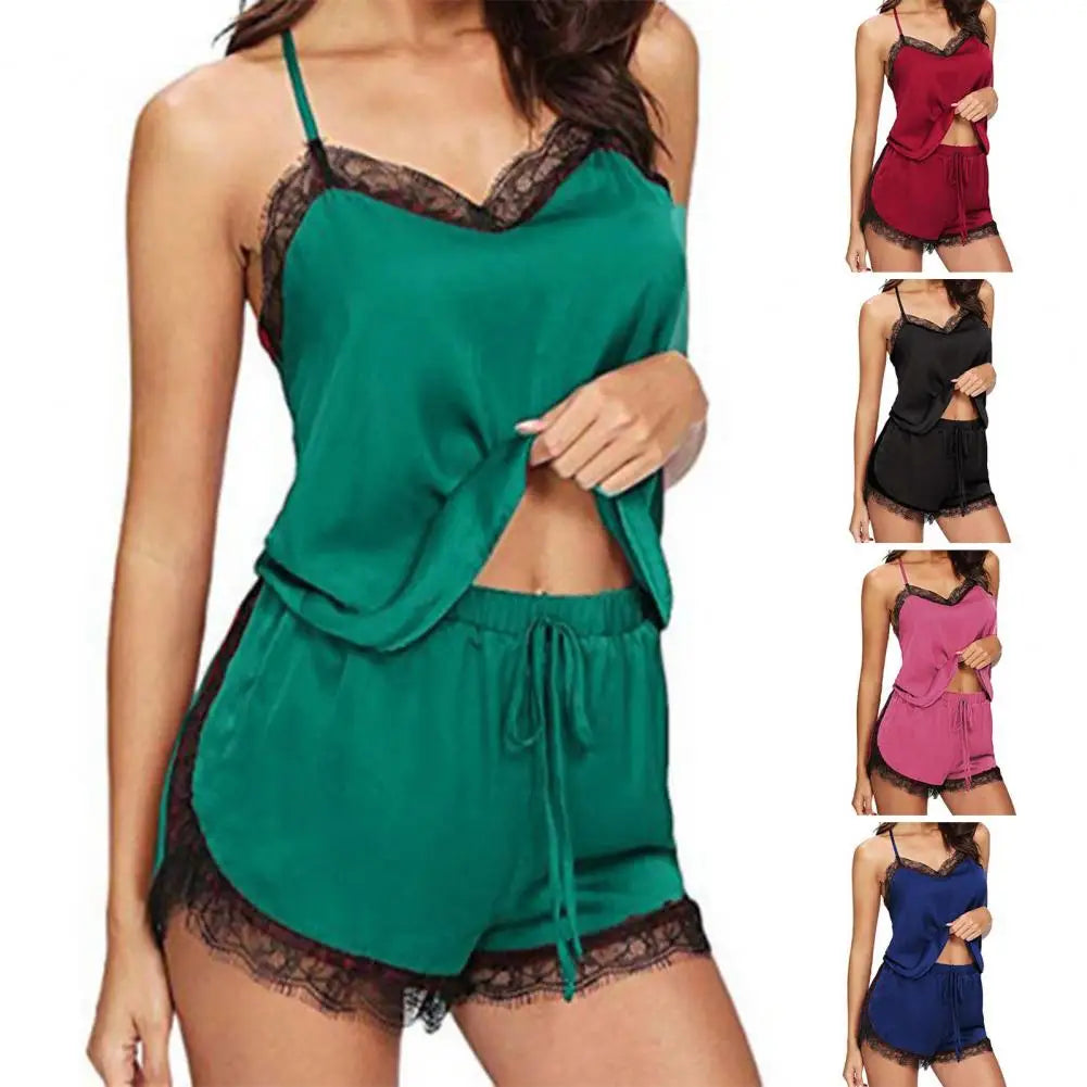 Conjunto de pijama de encaje para mujer, ropa de noche de retazos con cuello en V, pijama sedoso de verano, pantalones cortos con tirantes de encaje, Conjunto de pijama Sexy