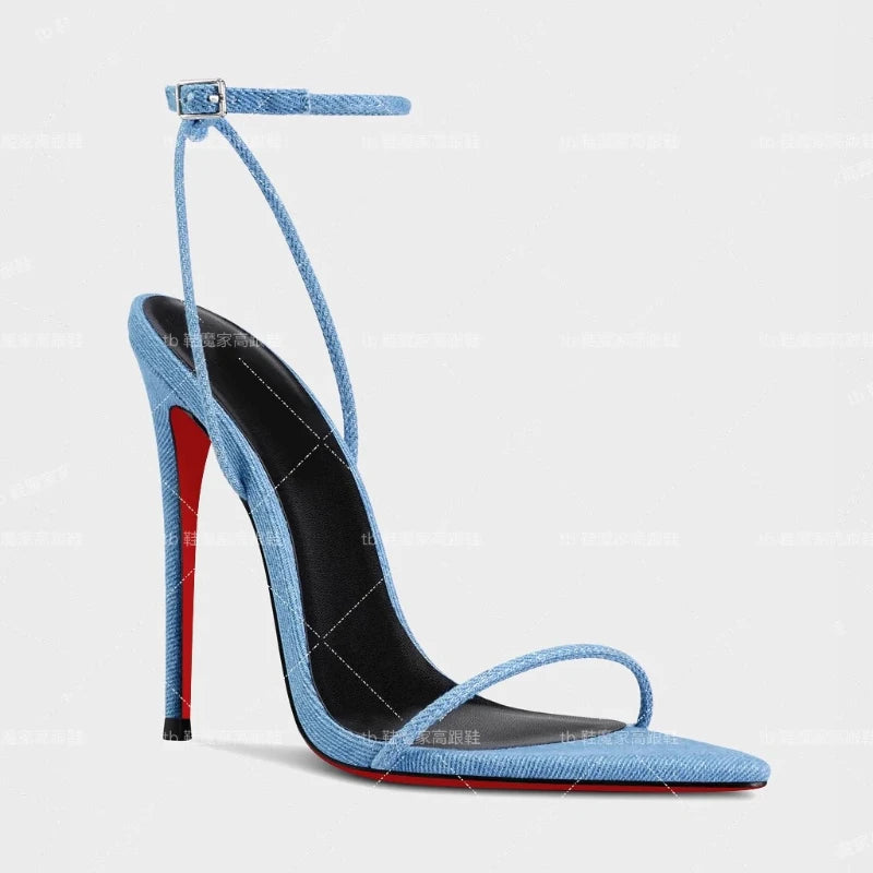 2025 New 12cm Thin Heel Pointed Shallow Lipstick Bottom High Heels Sexy One Word Buckle Style Fashion Sandals Large Single Shoes