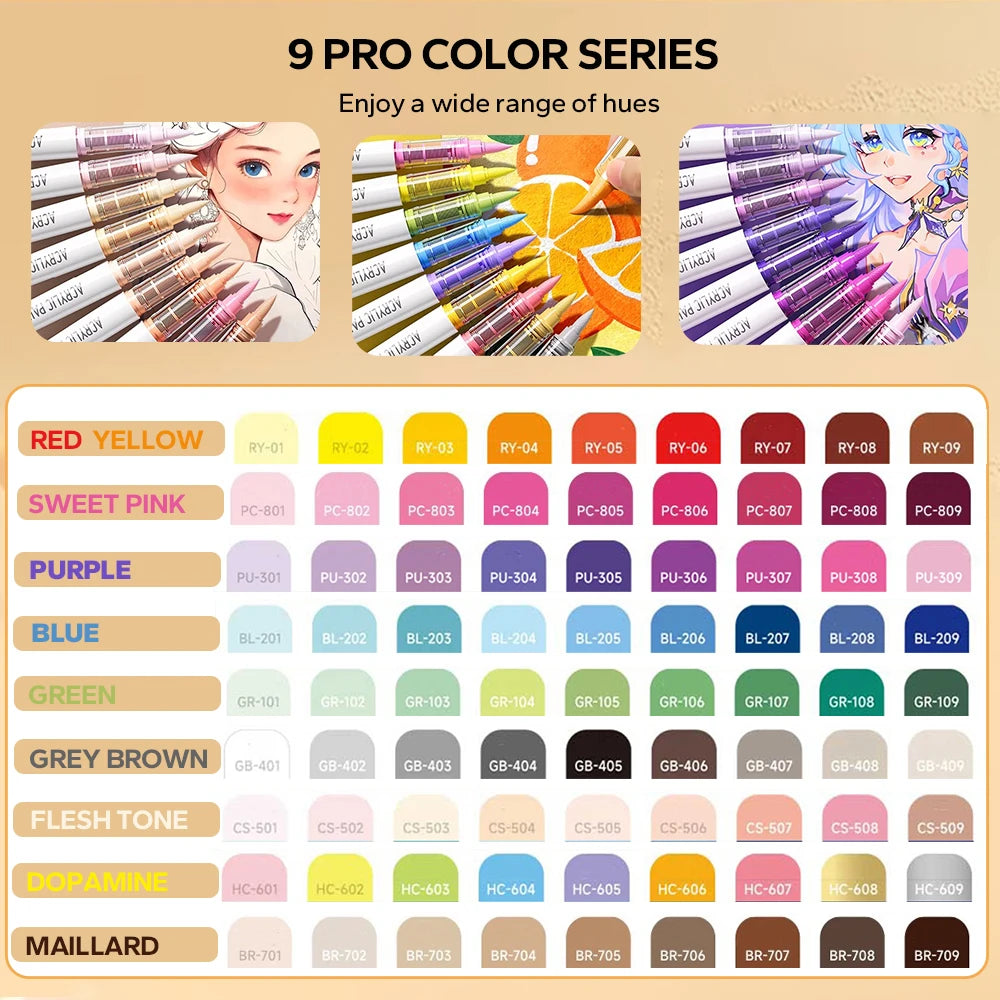 Juego de pinceles acrílicos de 9 piezas, marcadores de arte profesionales con control de tinta para pintura, dibujo y bocetos, accesorios escolares, arte
