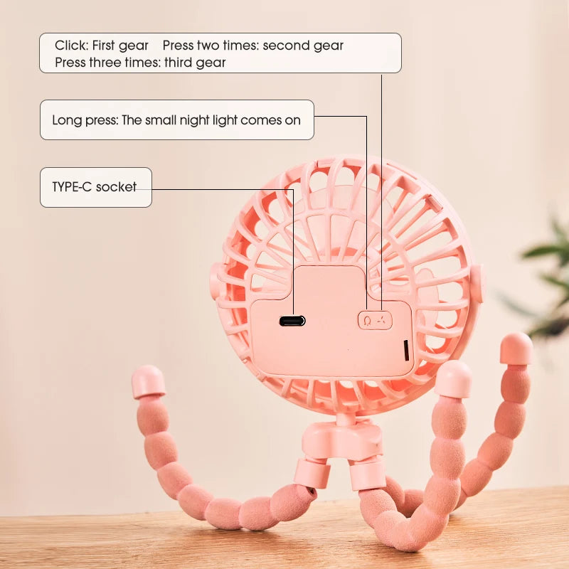 Ventilador Portátil para Cochecito de Bebé HOMEFISH, Ventilador Mini Oscilante con Clip, Funciona con Batería USB, con Trípode Flexible para Cochecito y Asiento de Auto