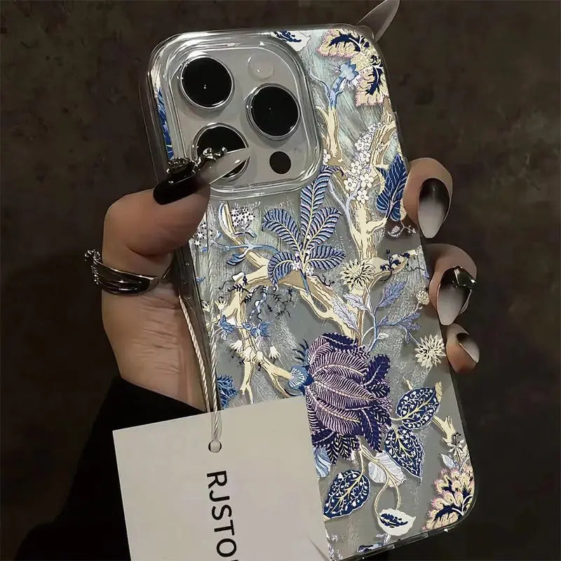 Funda de teléfono con flores artísticas Retro a la moda para iPhone 17 16 15 14 13 12 11 Pro Max XR XS MAX 7 8 PLUS INS cubierta láser a prueba de sacudidas