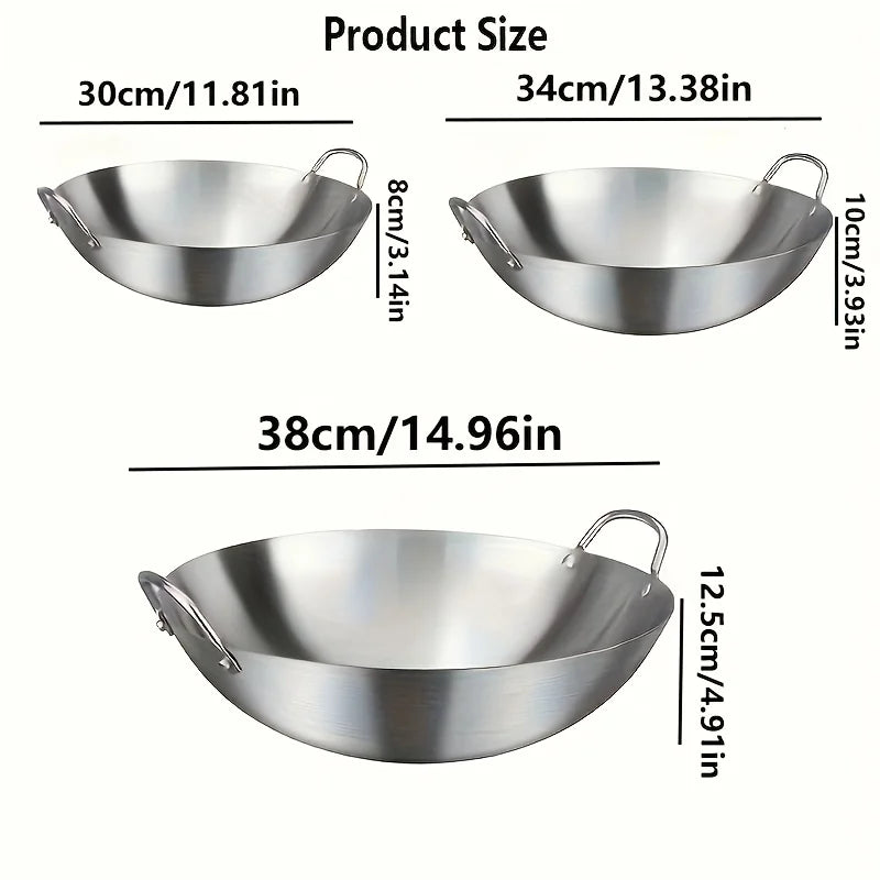 Wok grande de acero inoxidable, sartén de Chef duradera gruesa sin recubrimiento de alta calidad con asas dobles, fácil de limpiar para uso comercial, 1 ud.