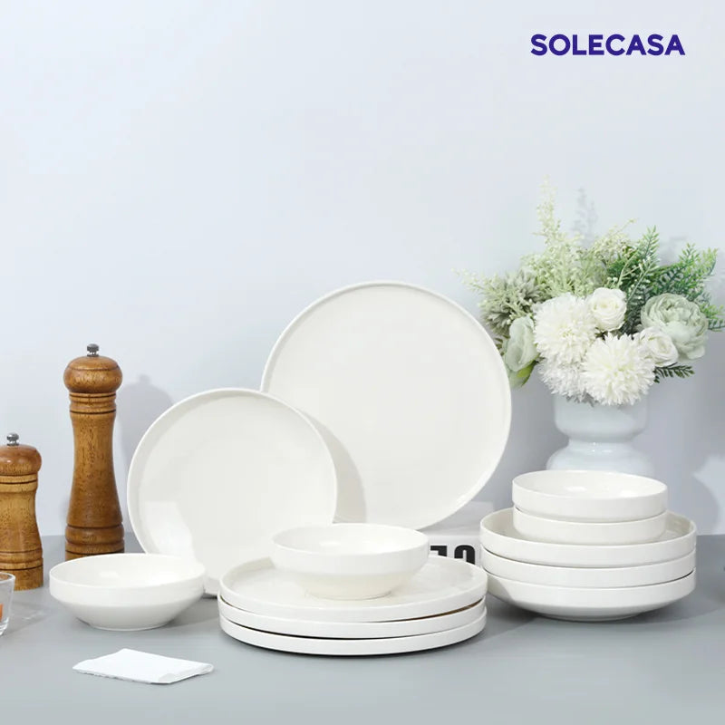 SOLECASA, juegos de vajilla de porcelana de 3/12 piezas, cuencos y platos blancos, plato resistente a los arañazos, cuenco de cerámica, plato de cena de espagueti