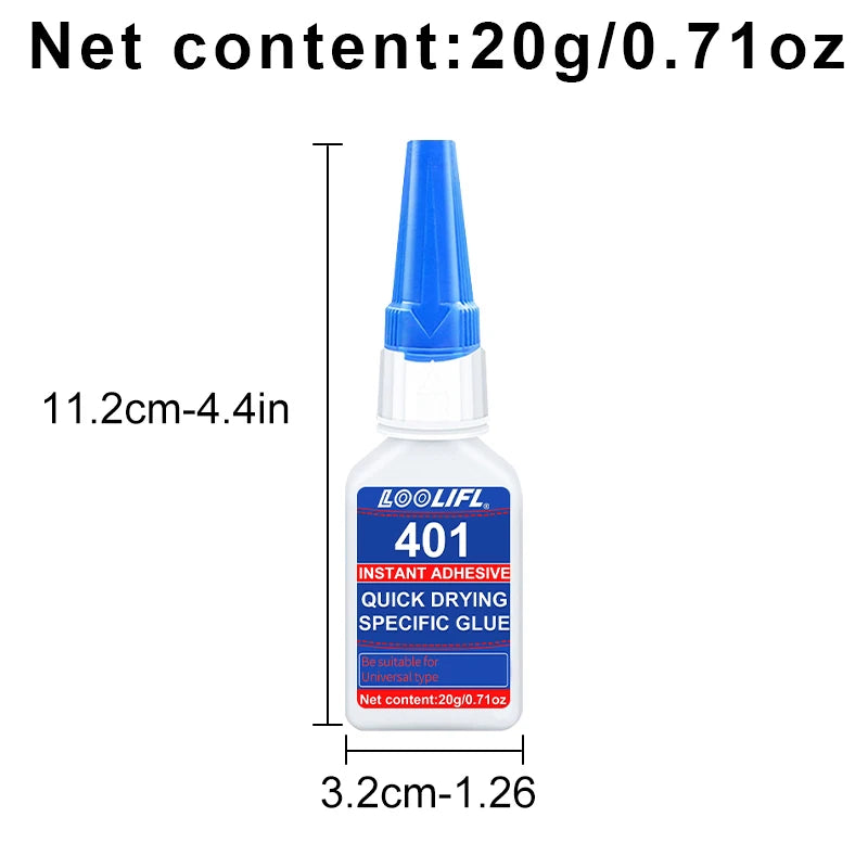 El nuevo y actualizado 401 Superhydroacrilato pegamento, 5 segundos de secado instantáneo, impermeable, buena estabilidad, herramienta de unión completa. Adecuado para madera, plástico, cerámica, metal, caucho, etc.