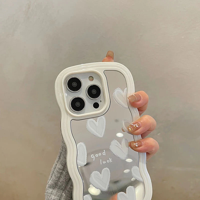 Funda de teléfono con espejo de maquillaje de corazón blanco encantador coreano para iPhone 17 Air 14 15 16 Pro Max 13 11 12 14 Plus XS X XR cubierta a prueba de golpes