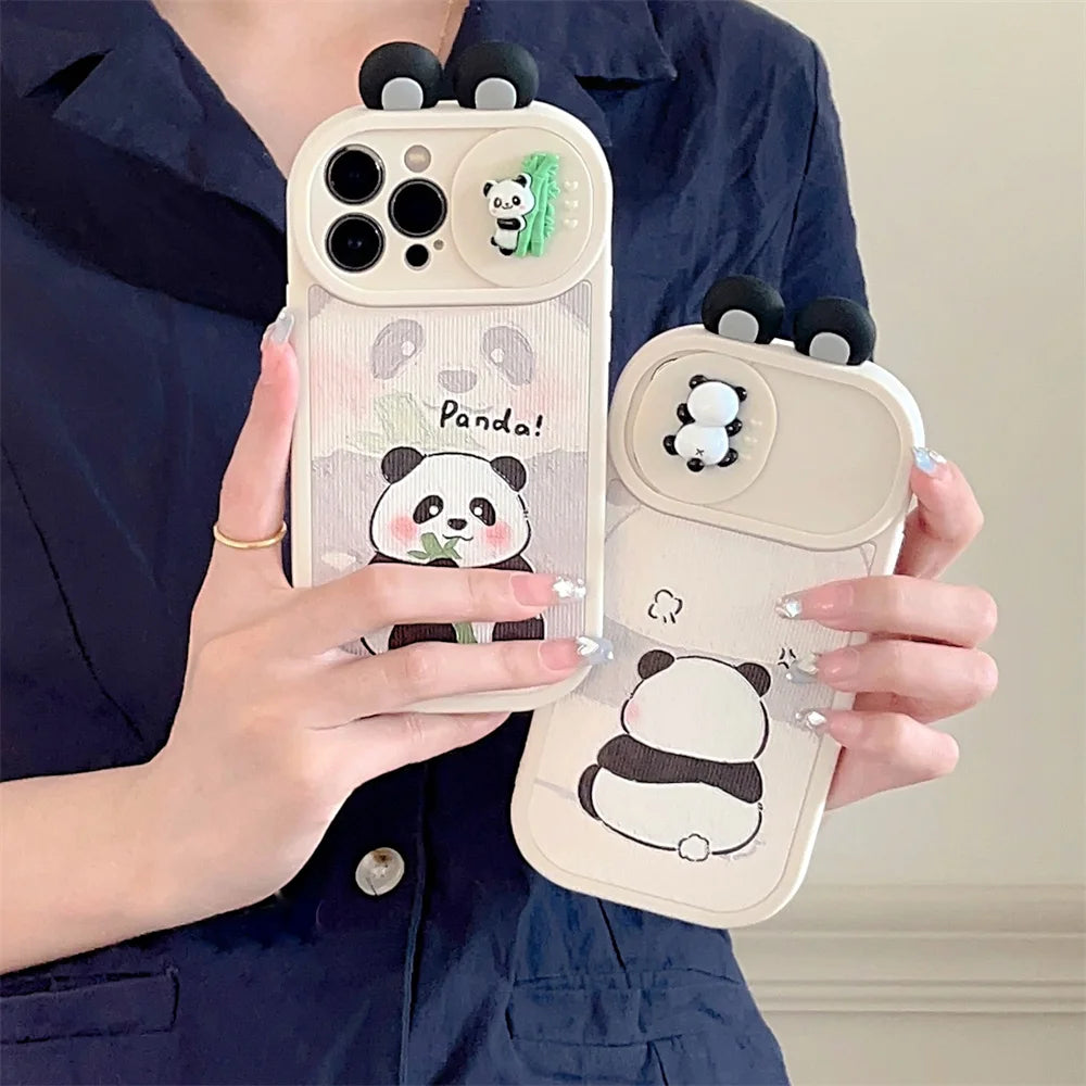 Ins 3D Panda Slide cámara protección funda de teléfono de silicona para iPhone 16 14 12 13 15 Pro Max 11 orejas de dibujos animados cubierta trasera a prueba de golpes