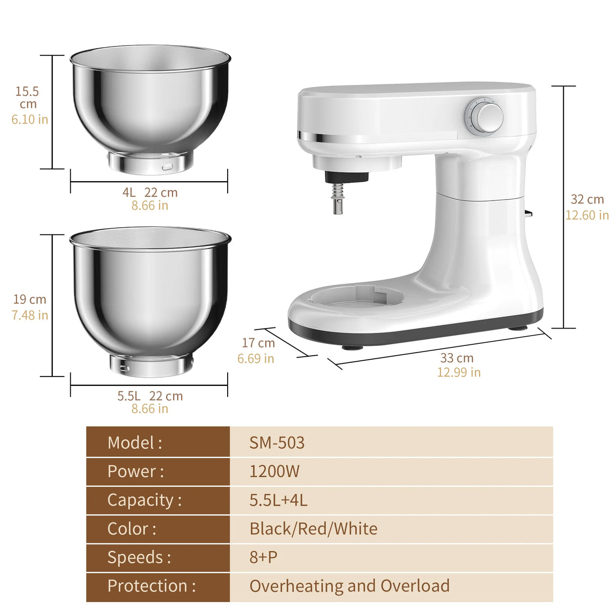 Batidora de Pedestal BioloMix de Doble Tazón y 8 Velocidades – Tazones Intercambiables de 5.5L y 4L, Batidor de Varillas, Gancho Amasador y Batidor Plano