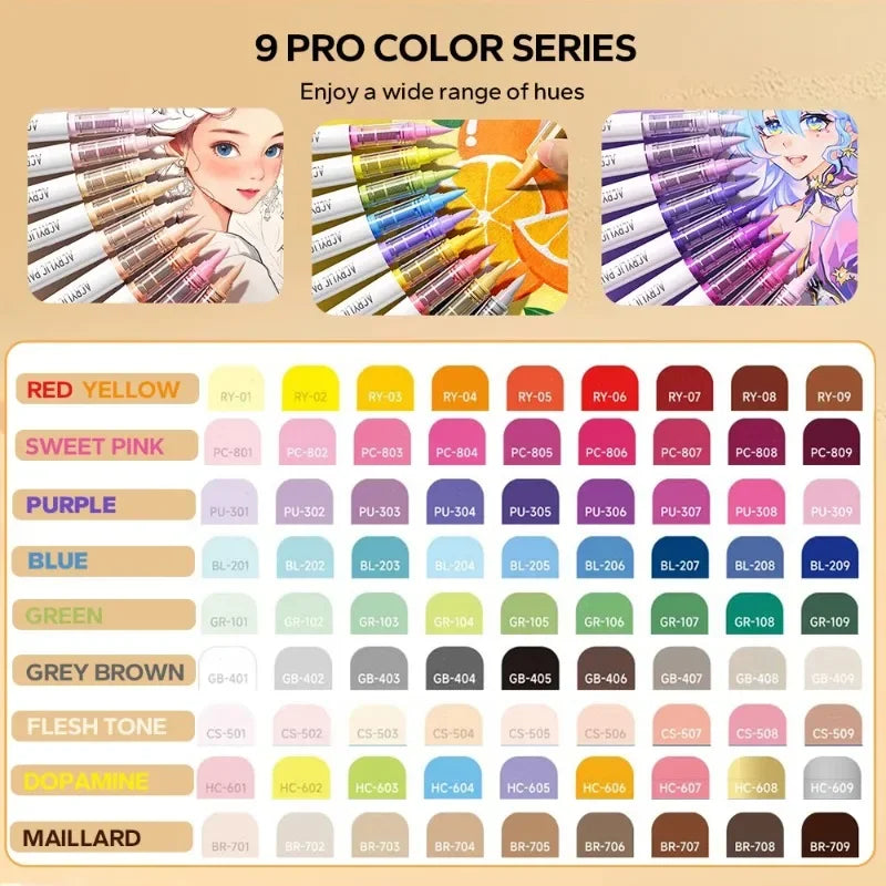 Juego de pinceles acrílicos de 9 piezas, marcadores de arte profesionales con control de tinta para pintura, dibujo y bocetos, accesorios escolares, arte