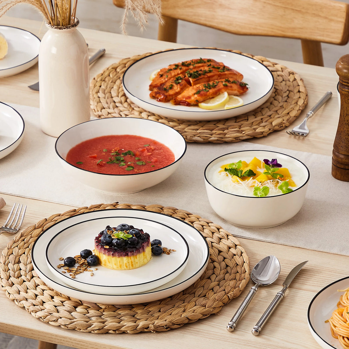 MALACASA 12/16/18/24 Uds platos de porcelana juegos de vajilla juego de platos de cerámica con plato de cena/postre/cuenco de cereales/sopa de 4/6 Uds