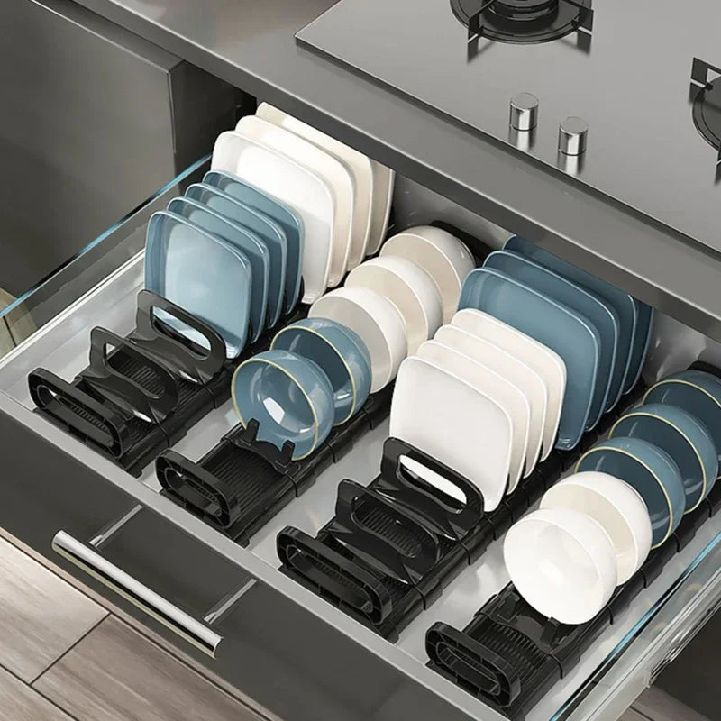 Estante de almacenamiento de platos para armario de cocina, escurridor de platos integrado, divisor de platos, organizador de accesorios de cocina