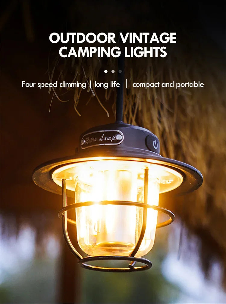 Lámpara LED para acampar, lámpara colgante Retro, luz portátil con atenuación continua para acampar, linterna de luz recargable impermeable para exteriores