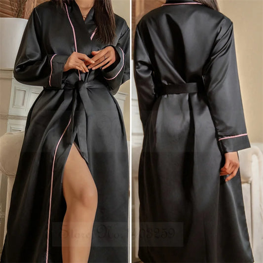 Bata larga Kimono de satén para mujer, bata de baño suelta, ropa de salón para el hogar, ropa de dormir Sexy, lencería íntima, primavera y otoño