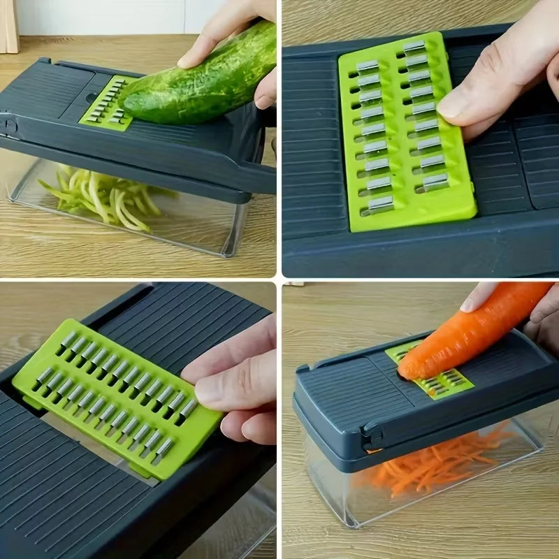 Picadora de verduras multifuncional 14 en 1, picadora de cebolla con mango, picadora de alimentos, rebanadora de verduras de cocina, cortadora