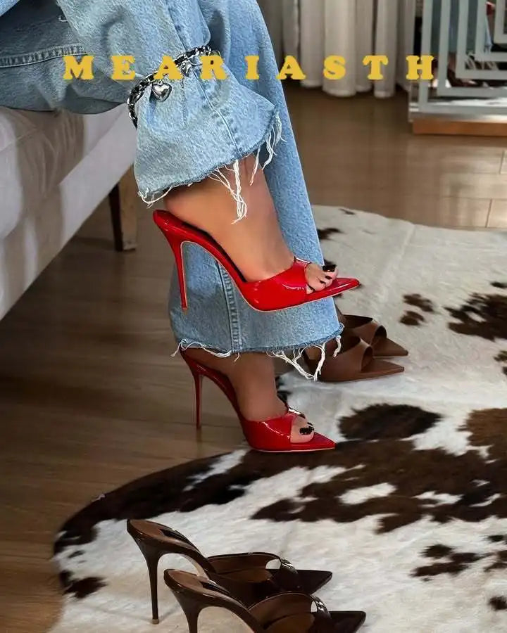Zapatos de tacón alto con punta abierta para mujer, zapatillas exteriores de verano para fiesta, Stiletto, sandalias de charol de diseñador de lujo, 12/10cm
