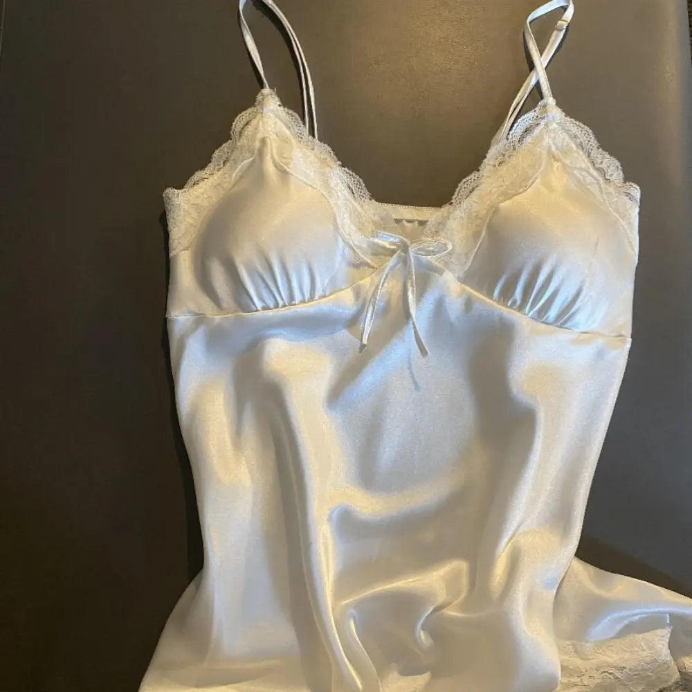 Vestido de pijama con lazo de encaje para mujer, camisón con tirantes de seda helada sin mangas dividido, ropa de dormir, camisón fino con tirantes, chica picante