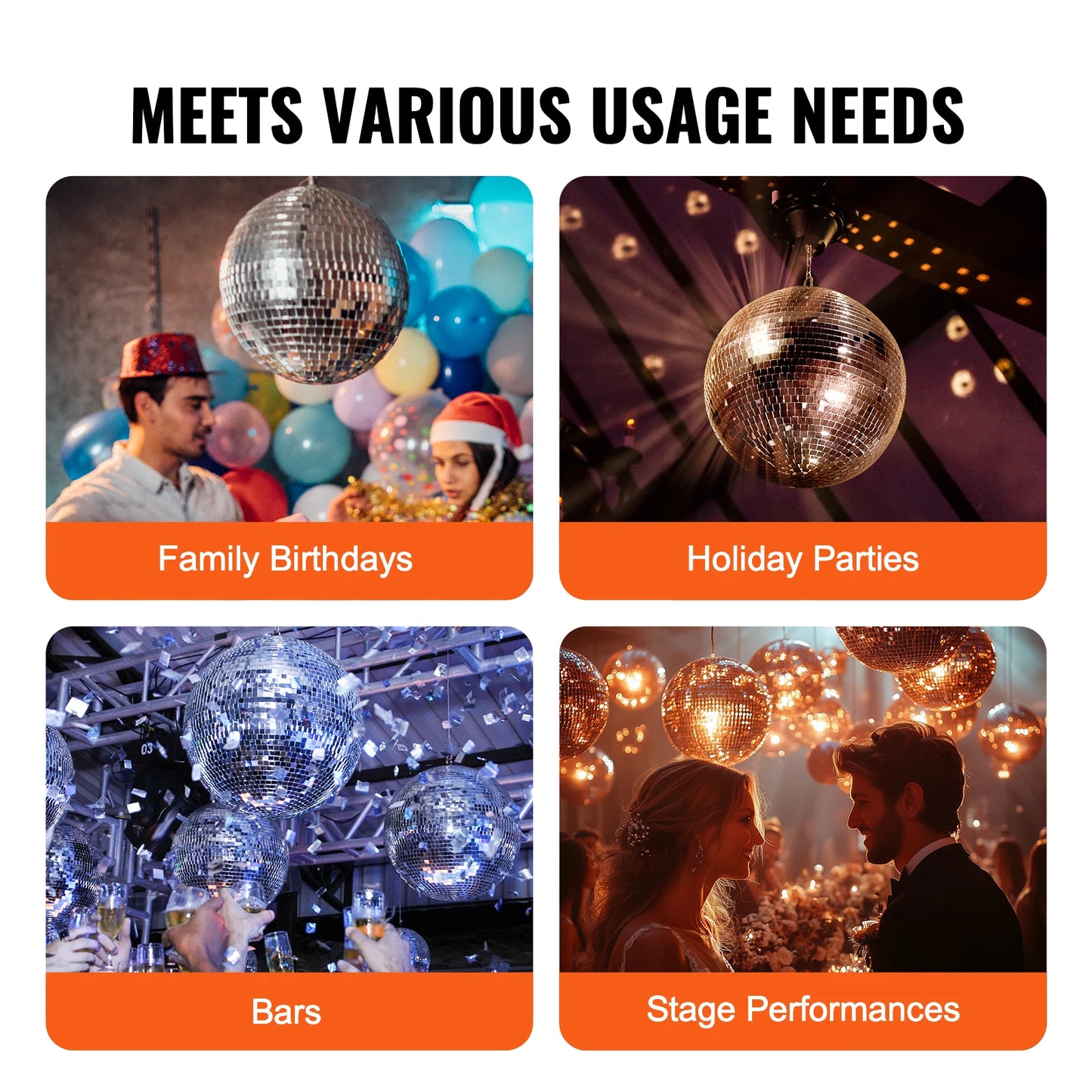 VEVOR Bola de Discoteca con Espejos, Bola de Espejos de 295 mm con Anillo Colgante, Decoración de Fiesta con Bola de Discoteca con Rayos para DJ Club, Escenario, Boda, Cumpleaños, Navidad, Plata