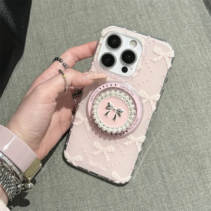 Preciosa funda de teléfono magnética para iPhone 16 Pro 15 14 13 Pro Max 15Pro, funda con soporte de lazo de perlas, fundas a prueba de golpes para Magsafe