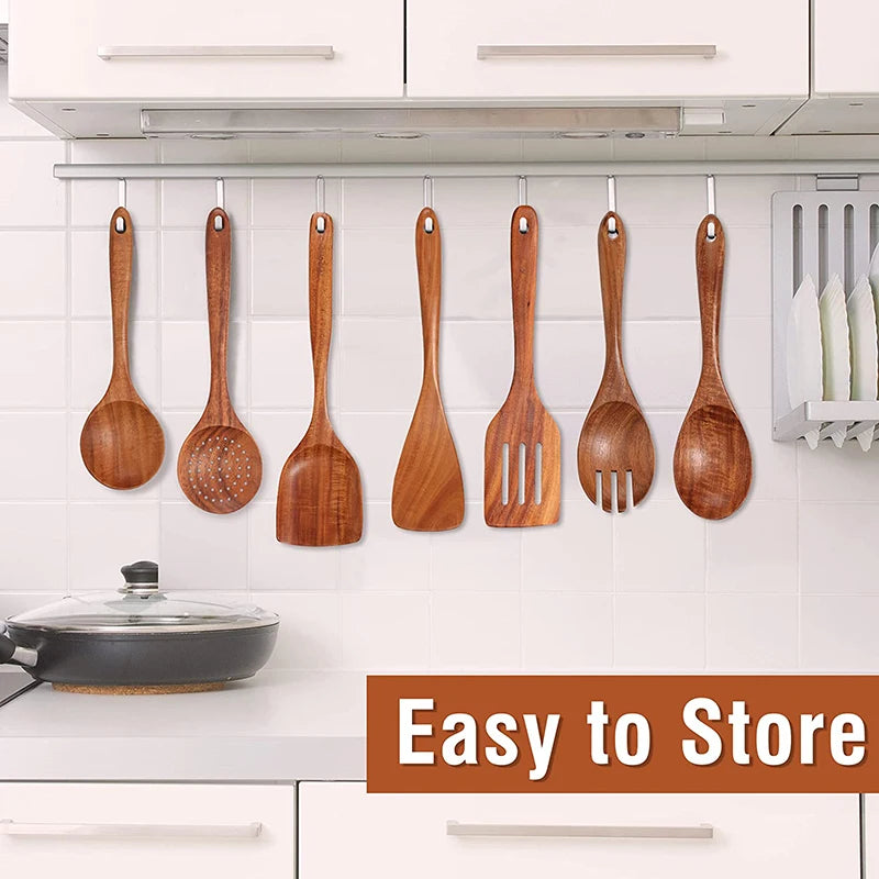 Cuchara de cocina de teca Natural, espátula de madera, juego de utensilios antiadherentes para cocinar con ganchos colgantes, herramienta de utensilios de cocina