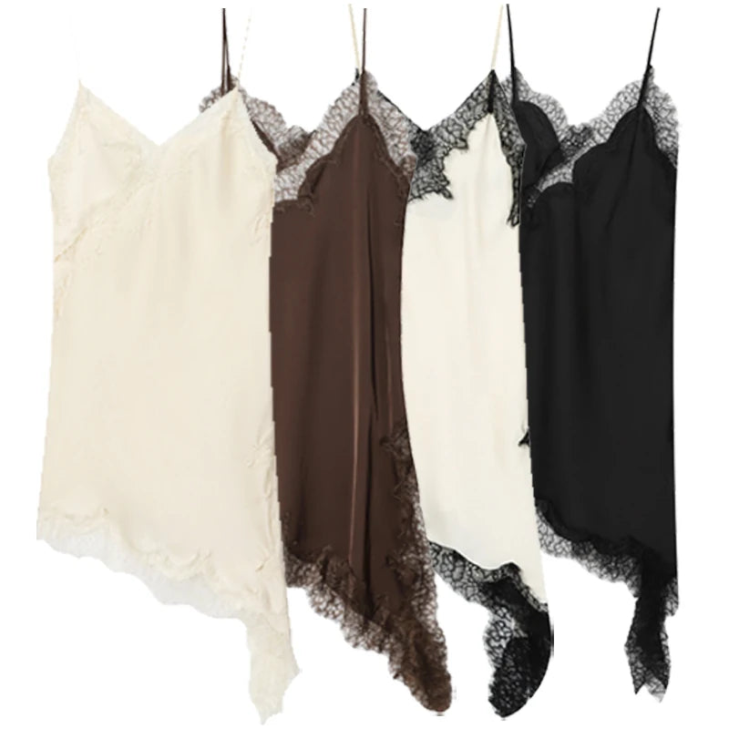 HXAO Vestidos para mujer, vestido asimétrico de encaje, verano 2025, Vestidos de noche sexis para mujer, Mini Vestidos marrones sin mangas y sin espalda