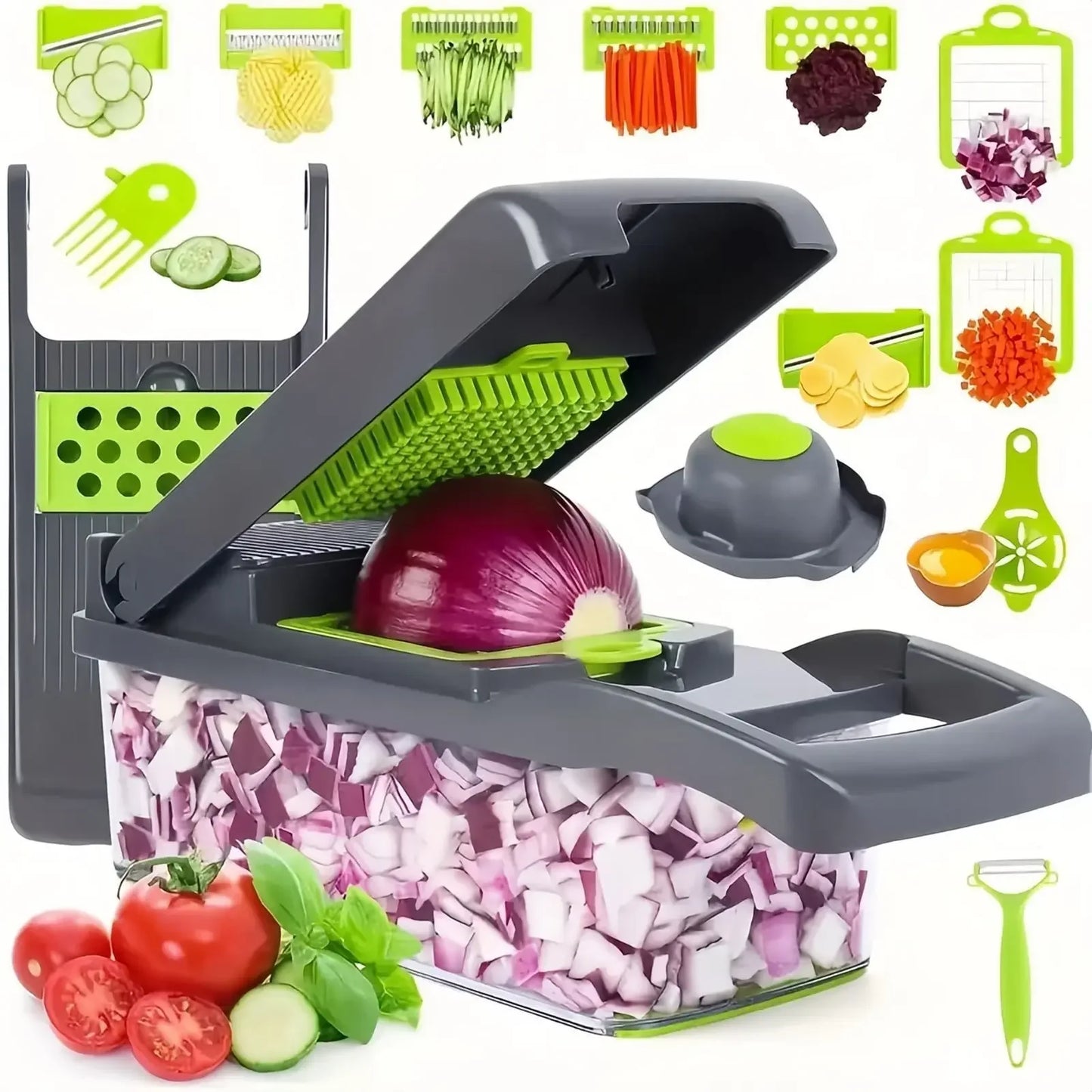 Picadora de verduras multifuncional con mango, rejilla de alimentos, picadora de alimentos, rebanador de verduras, corte 14/16 en 1, artículos de Cocina