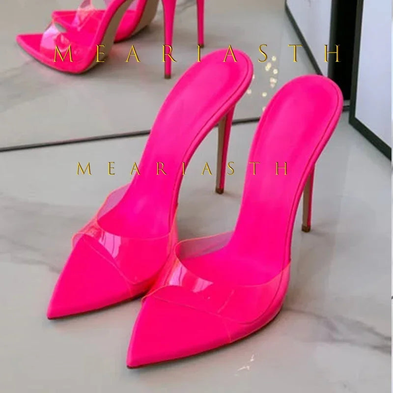 Mulas de cuero de Color caramelo para mujer, zapatos de tacón alto fino con punta abierta y punta abierta, zapatillas modernas sexis para fiesta para primavera y verano