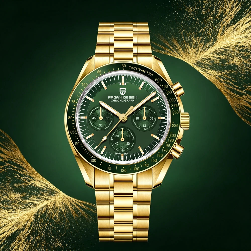 Relojes PAGANI DESIGN Moon para hombre, reloj de cuarzo de lujo dorado, cronógrafo deportivo, zafiro AR, resistente al agua, luminoso, regalo para hombre