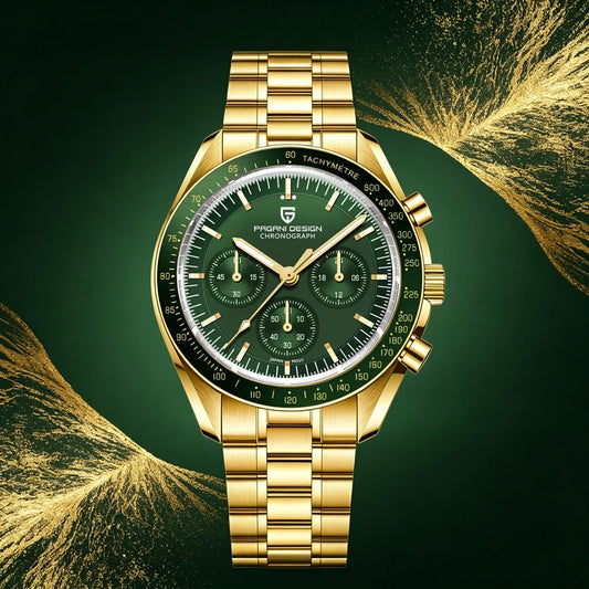 Relojes PAGANI DESIGN Moon para hombre, reloj de cuarzo de lujo dorado, cronógrafo deportivo, zafiro AR, resistente al agua, luminoso, regalo para hombre