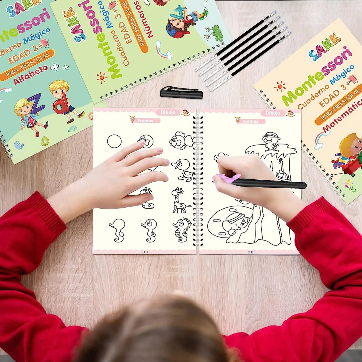 Juego de 4 Cuadernos de Práctica de Caligrafía Mágica Montessori en Español, Reutilizables, para Trazar el Alfabeto, Números, Matemáticas y Dibujo