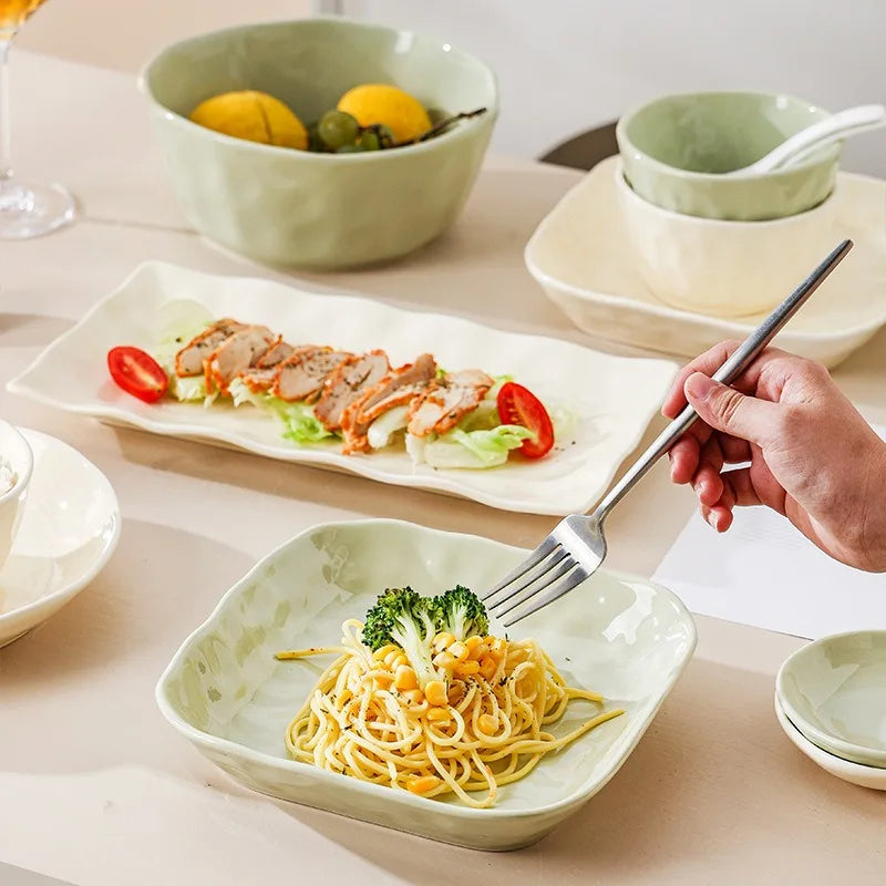 Juego de cuencos y platos de cerámica de estilo nórdico para uso doméstico, alta belleza, Simple, crema, vajilla de cerámica, nuevo
