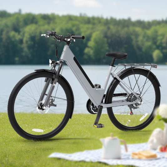 Bicicleta eléctrica para adultos, bicicleta de compras de 26", 7 velocidades, diseñada para viajeros, estudiantes y parejas, disfruta de paseos de ocio