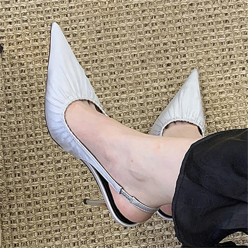 Aneikeh, moda de verano, diseño elegante, satén plisado, puntiagudos, zapatos de tacón con talón descubierto, sandalias sexis para mujer, tacones altos finos, zapatos de banquete