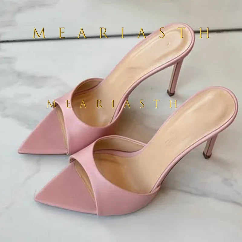 Mulas de cuero de Color caramelo para mujer, zapatos de tacón alto fino con punta abierta y punta abierta, zapatillas modernas sexis para fiesta para primavera y verano