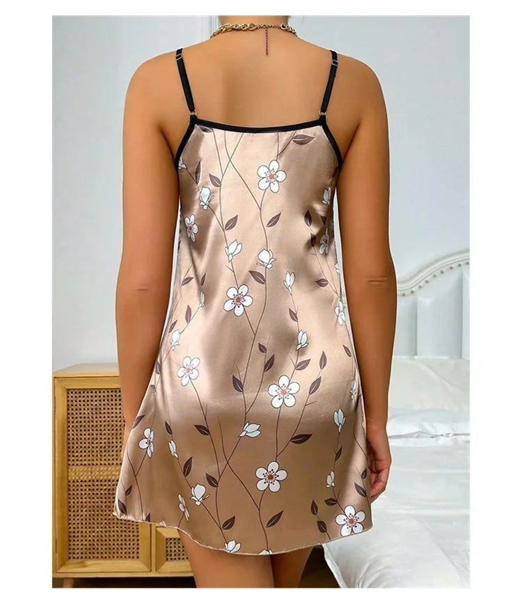 Camisón Sexy con tirantes para mujer, lencería Sexy de satén de seda, ropa de dormir con pintura Floral, minivestido para el hogar