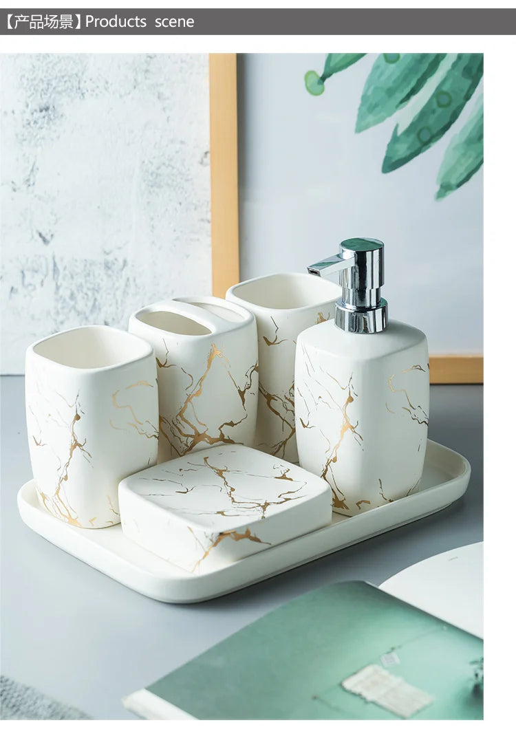 Juego de accesorios de baño de cerámica de mármol negro, dispensador de jabón/soporte para cepillos de dientes, bandeja, suministros para el hogar