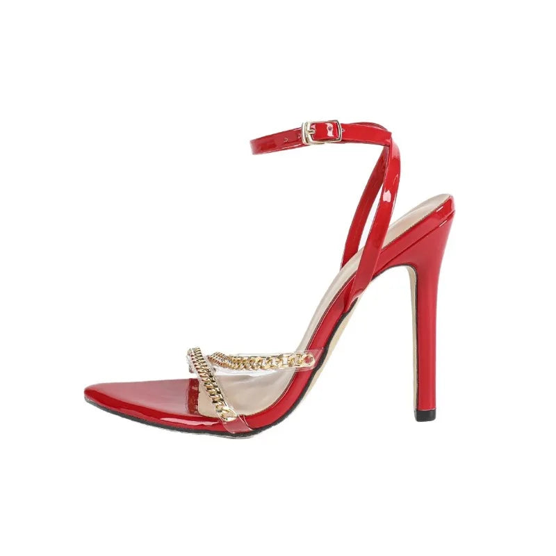 Sandalias de tacón alto para mujer, sandalias de tacón de aguja puntiagudas sexys, sandalias de moda con correa en el tobillo, sandalias con hebilla de una sola tira, sandalias de diseñador con cadena metálica