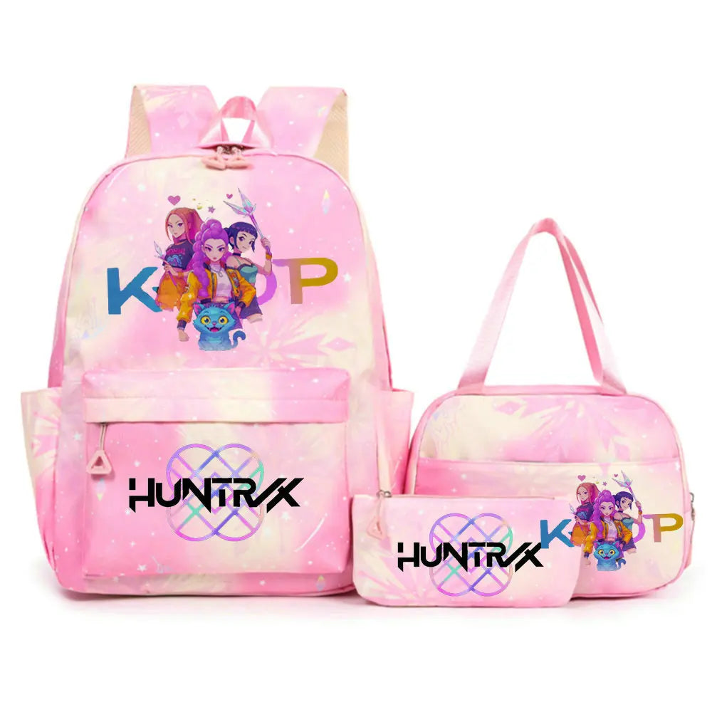 Conjunto de mochila con estampado de KPop Demon Hunters con bolsa para el almuerzo y estuche para lápices, mochila para exteriores de gran capacidad, ligera y transpirable