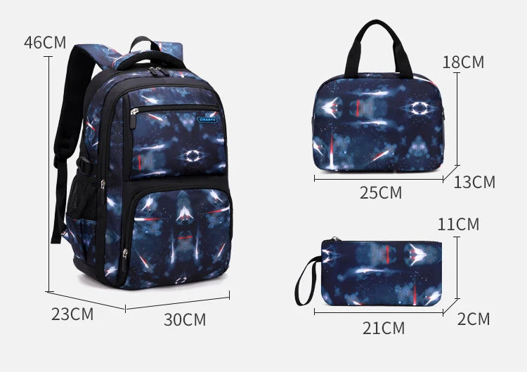 Nuevo conjunto de 3 uds de mochilas para niños, bolso escolar con patrón de cielo estrellado para estudiantes, bolso escolar impermeable con bolsa de almuerzo, estuche para lápices