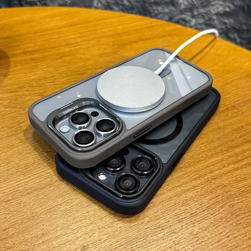 Funda de teléfono magnética de lujo a prueba de golpes para iPhone 16 15 14 13 12 11 Pro Max Plus Pro Funda con soporte de protección de lente de vidrio contraportada