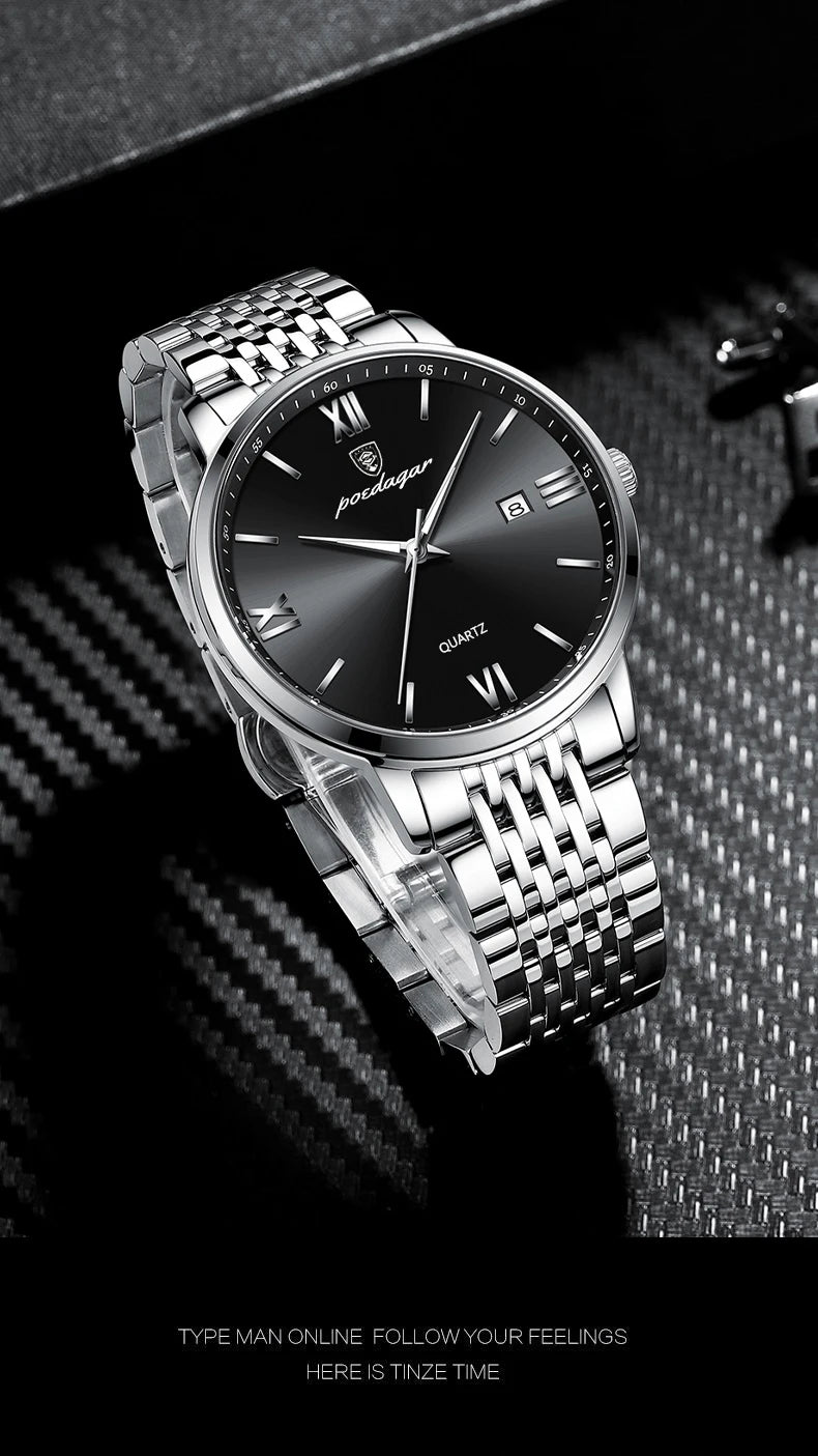 POEDAGAR, relojes de negocios de lujo para hombre, reloj de pulsera resistente al agua de acero inoxidable con fecha para hombre, reloj de pulsera de cuarzo Simple a la moda para hombre
